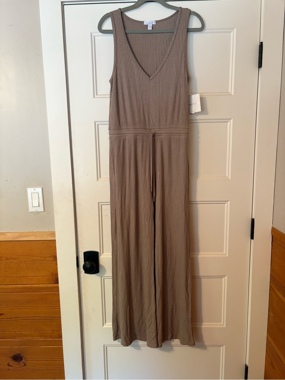 Beyond Yoga Sleeveless V-Neck Ribbed Jumpsuit in Taupe
